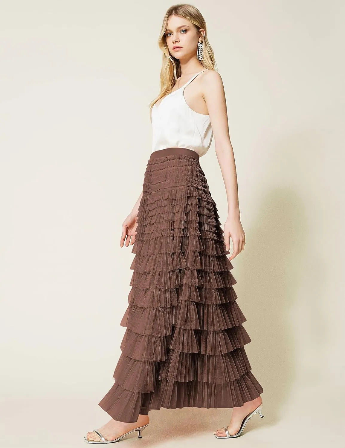 PEHMEA Women's Tiered Tulle Midi Skirt Elastic High Waist Flowy A-Line Maxi Skirts with Ruffle Layers for Party Wedding Daily