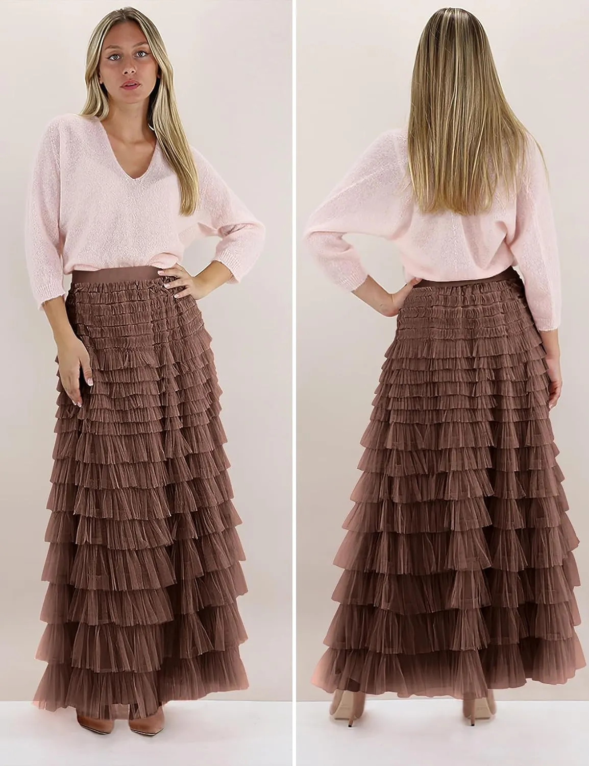 PEHMEA Women's Tiered Tulle Midi Skirt Elastic High Waist Flowy A-Line Maxi Skirts with Ruffle Layers for Party Wedding Daily