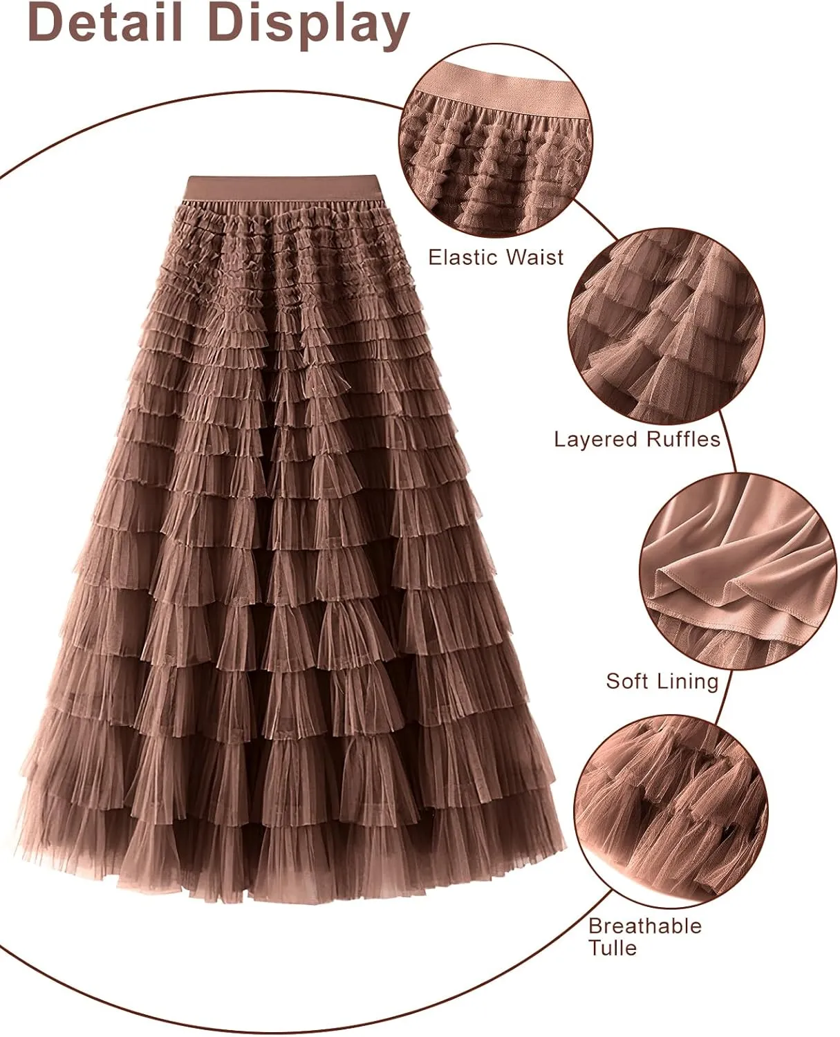 PEHMEA Women's Tiered Tulle Midi Skirt Elastic High Waist Flowy A-Line Maxi Skirts with Ruffle Layers for Party Wedding Daily