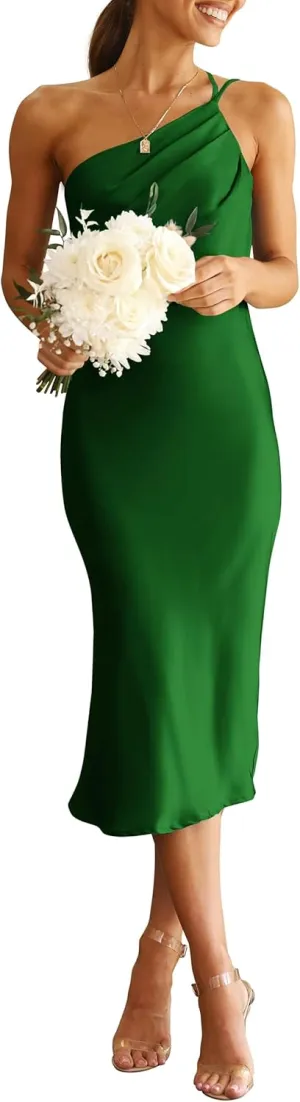 PRETTYGARDEN Women's 2025 Summer Midi Satin Dress One Shoulder Spaghetti Strap Backless Ruched Bodycon Dresses
