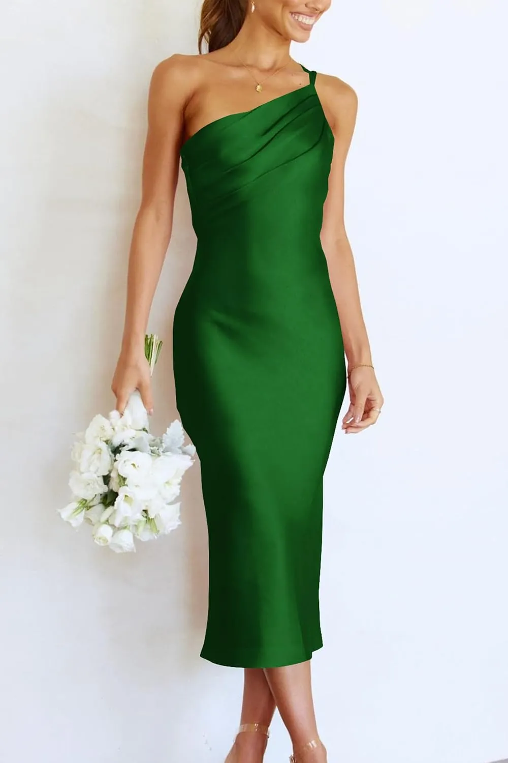 PRETTYGARDEN Women's 2025 Summer Midi Satin Dress One Shoulder Spaghetti Strap Backless Ruched Bodycon Dresses