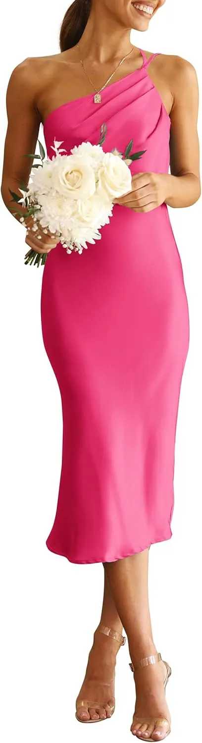 PRETTYGARDEN Women's 2025 Summer Midi Satin Dress One Shoulder Spaghetti Strap Backless Ruched Bodycon Dresses