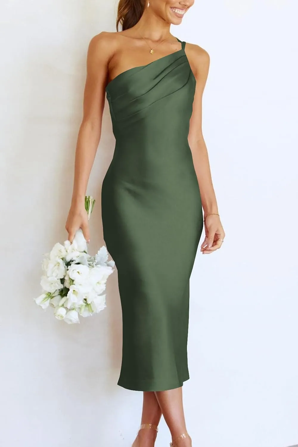 PRETTYGARDEN Women's 2025 Summer Midi Satin Dress One Shoulder Spaghetti Strap Backless Ruched Bodycon Dresses