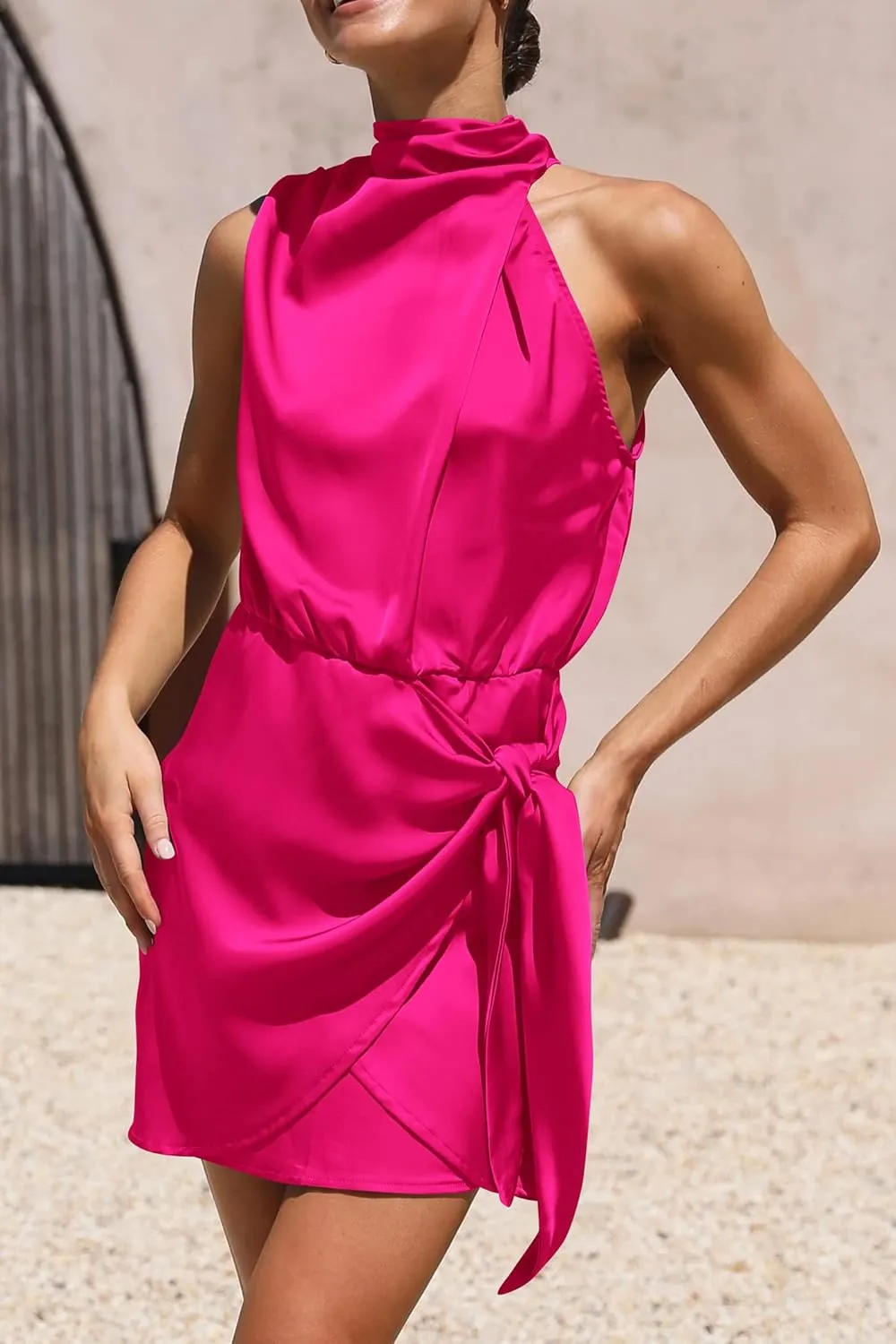 PRETTYGARDEN Women's Short Formal Satin Dress Summer Sleeveless Mock Neck Tie Waist Cocktail Party Dresses