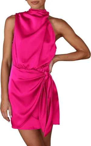 PRETTYGARDEN Women's Short Formal Satin Dress Summer Sleeveless Mock Neck Tie Waist Cocktail Party Dresses
