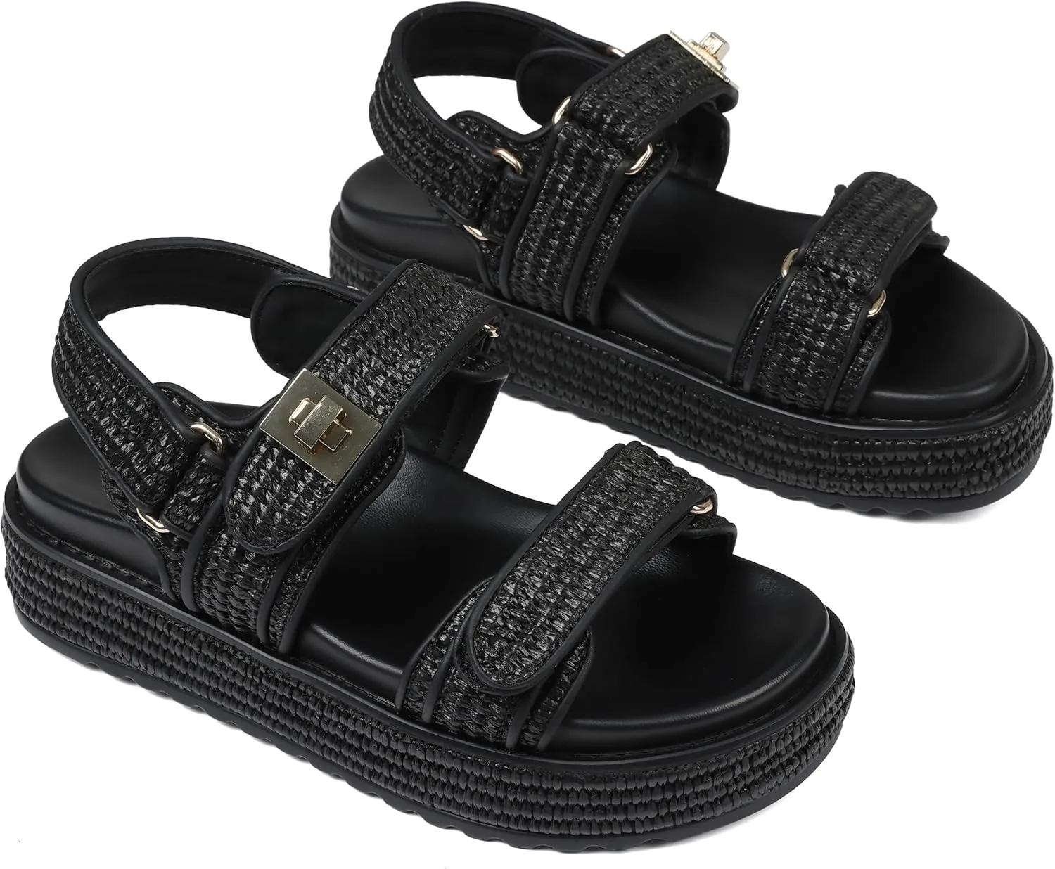 Raffia Platform Sandals Women, Summer Beach Walking Comfortable Cute Vacation Chunky Womens Sandals Slingback Adjustable Strap Buckle Sandals