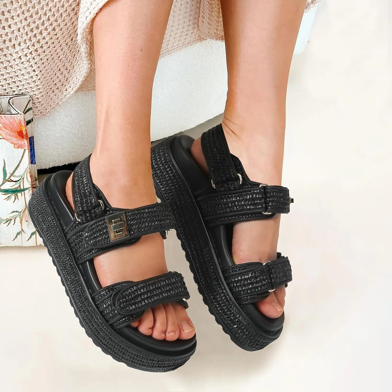 Raffia Platform Sandals Women, Summer Beach Walking Comfortable Cute Vacation Chunky Womens Sandals Slingback Adjustable Strap Buckle Sandals