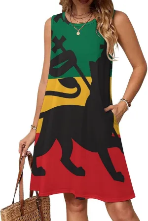Rastafarian Flag with Lion Women's Summer Dress Sleeveless Casual Loose Beach Vacation Tank Sundress