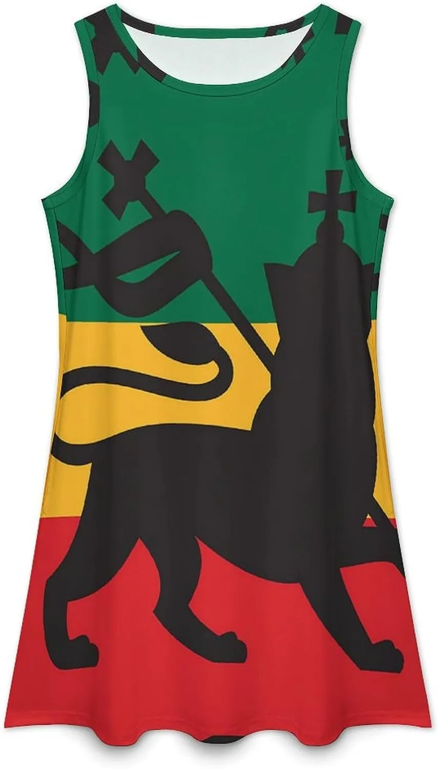 Rastafarian Flag with Lion Women's Summer Dress Sleeveless Casual Loose Beach Vacation Tank Sundress