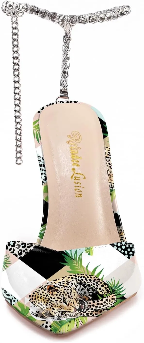 Reindee Lusion Womens Strappy High Stiletto Pearl Heels Rinestone Jewel Printed Closed Toe Sexy Ankle Strap Sandals Pumps Shoes