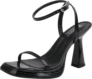 Reitoye Strappy Heels for Women Platform High Chunky Heels Square Open Toe Heeled Sandals Ankle Strap Block Heels