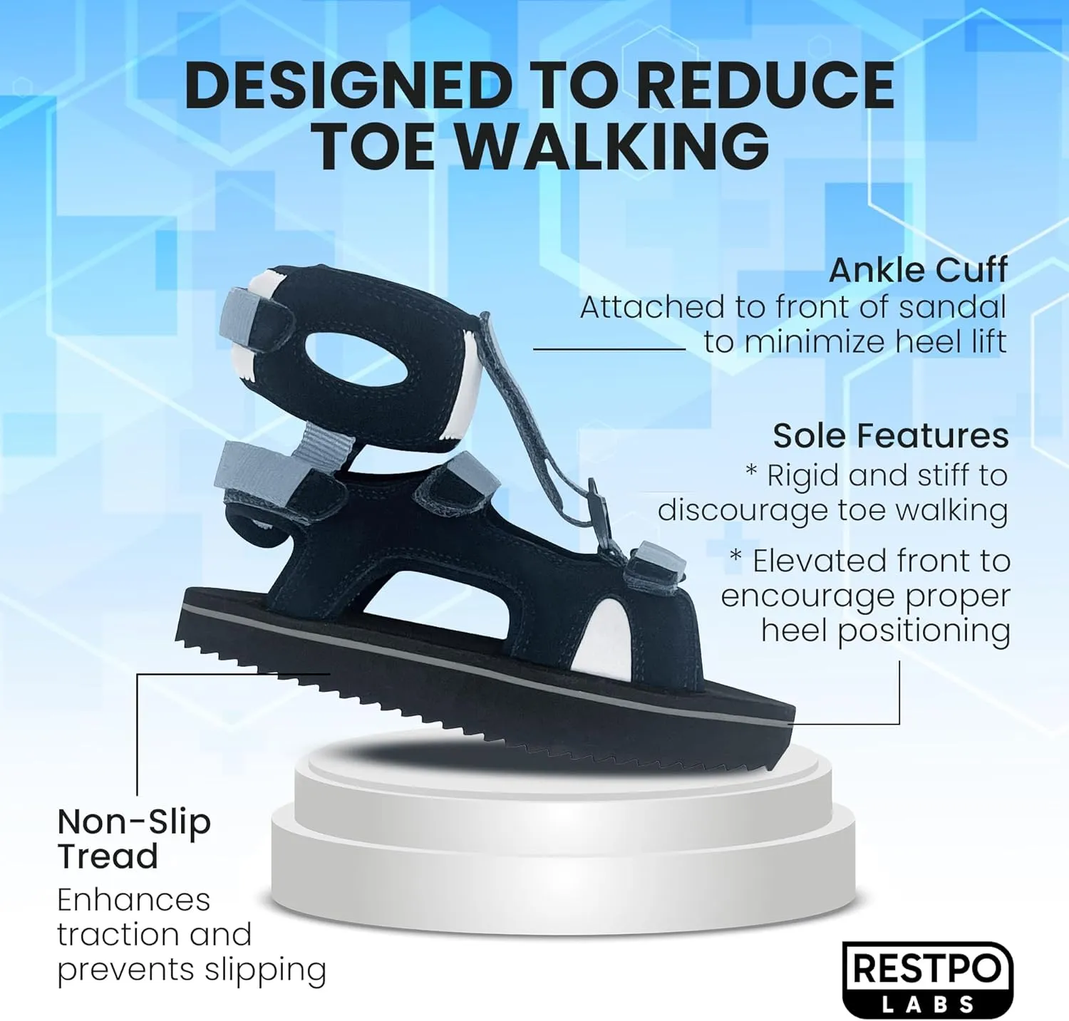 Restpo Toe Walking Sandal - Prevent Tip Toe Walking for Kids with Neurological disorders, Autism, ADHD, Aspergers and Cerebral Palsy - Sizes 6-11