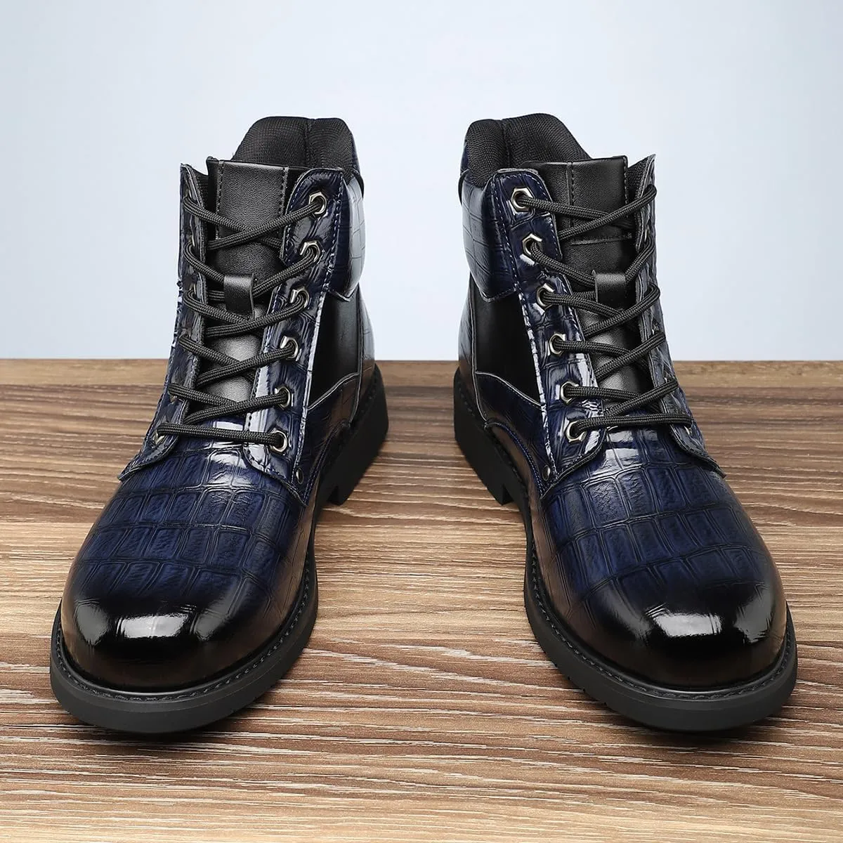 Retro crocodile pattern men's boots, men's cowhide printed pattern boots, men's mid top waterproof lace up boots