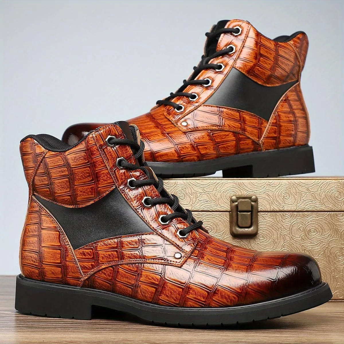 Retro crocodile pattern men's boots, men's cowhide printed pattern boots, men's mid top waterproof lace up boots