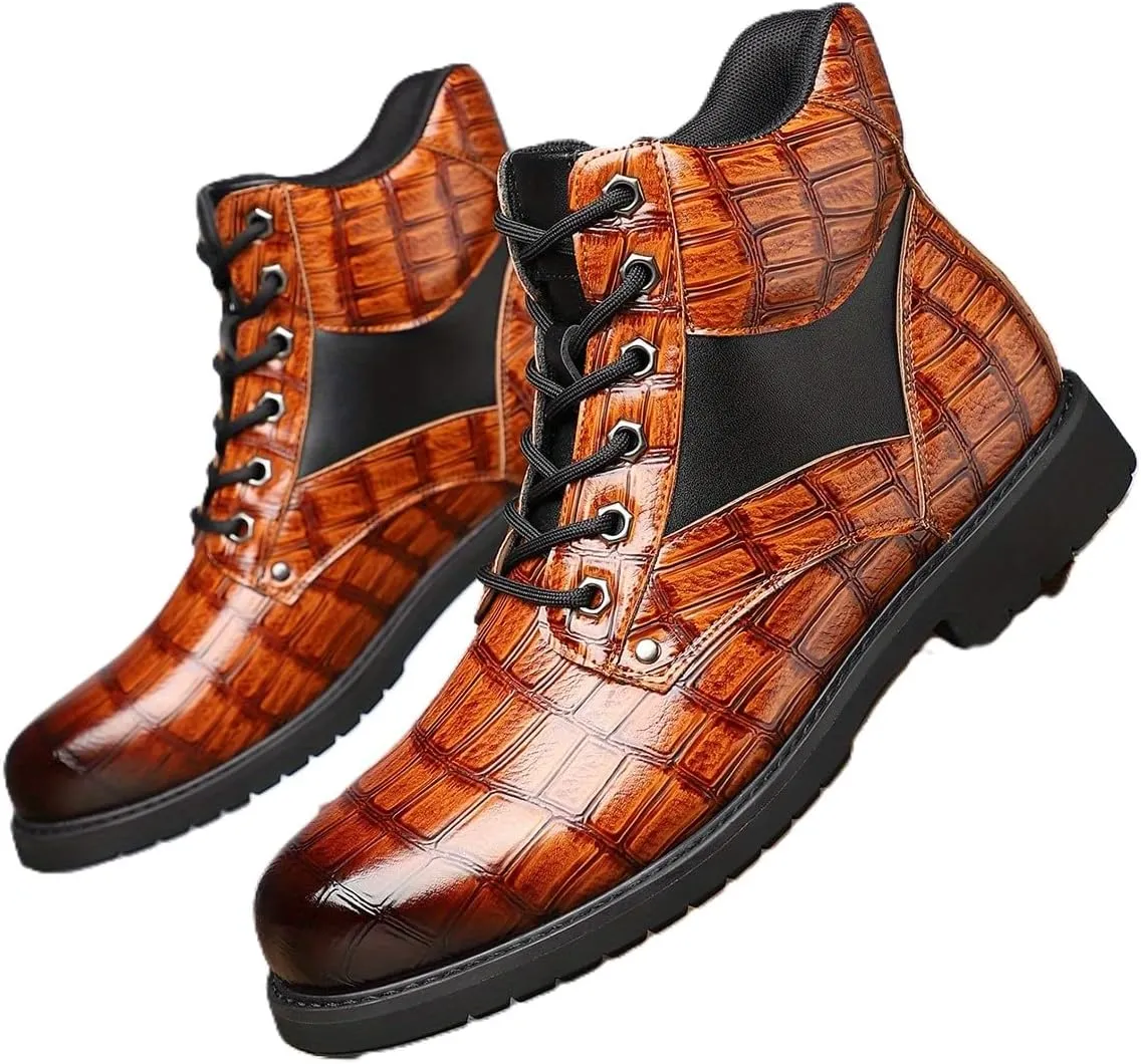 Retro crocodile pattern men's boots, men's cowhide printed pattern boots, men's mid top waterproof lace up boots