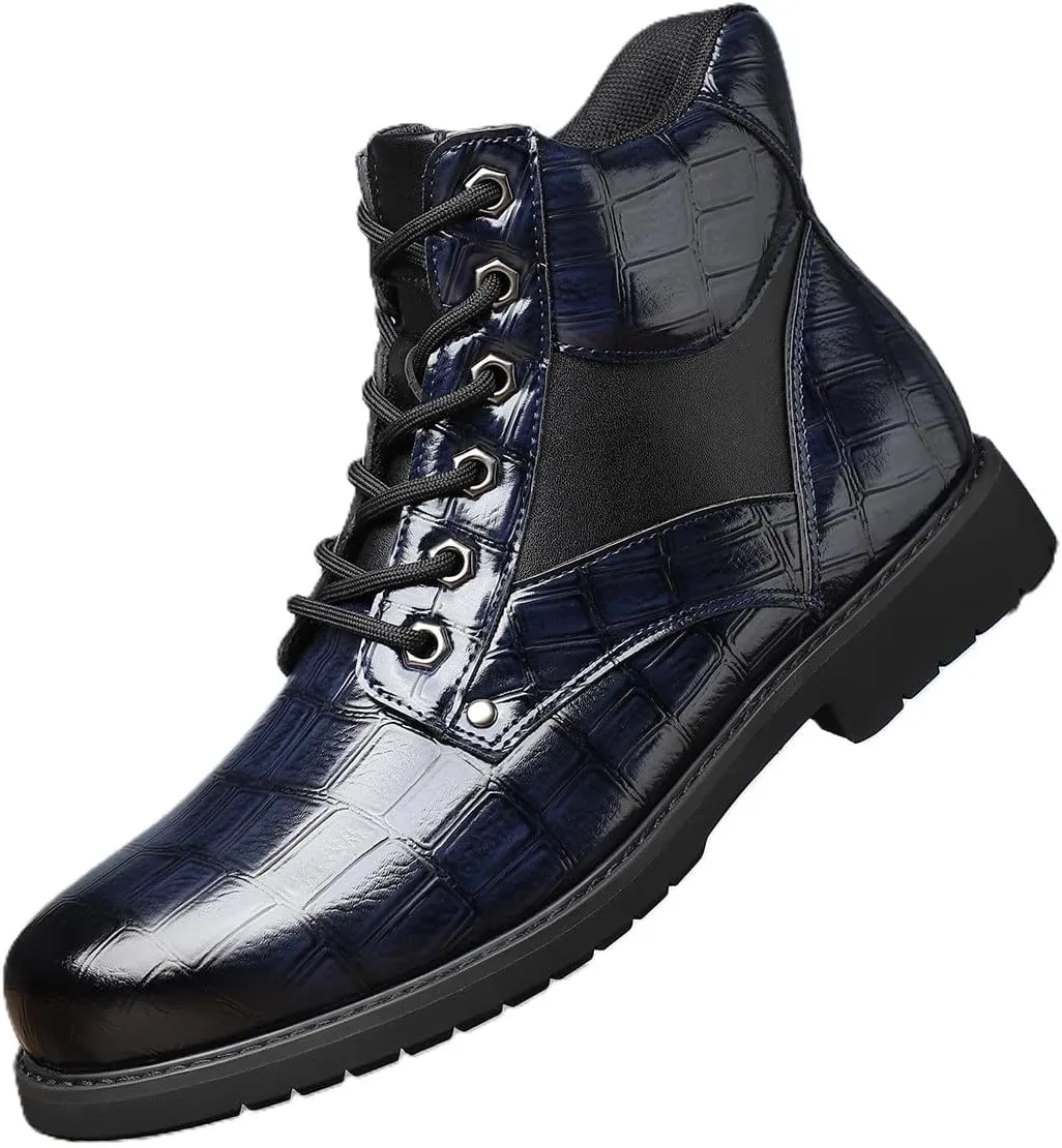 Retro crocodile pattern men's boots, men's cowhide printed pattern boots, men's mid top waterproof lace up boots