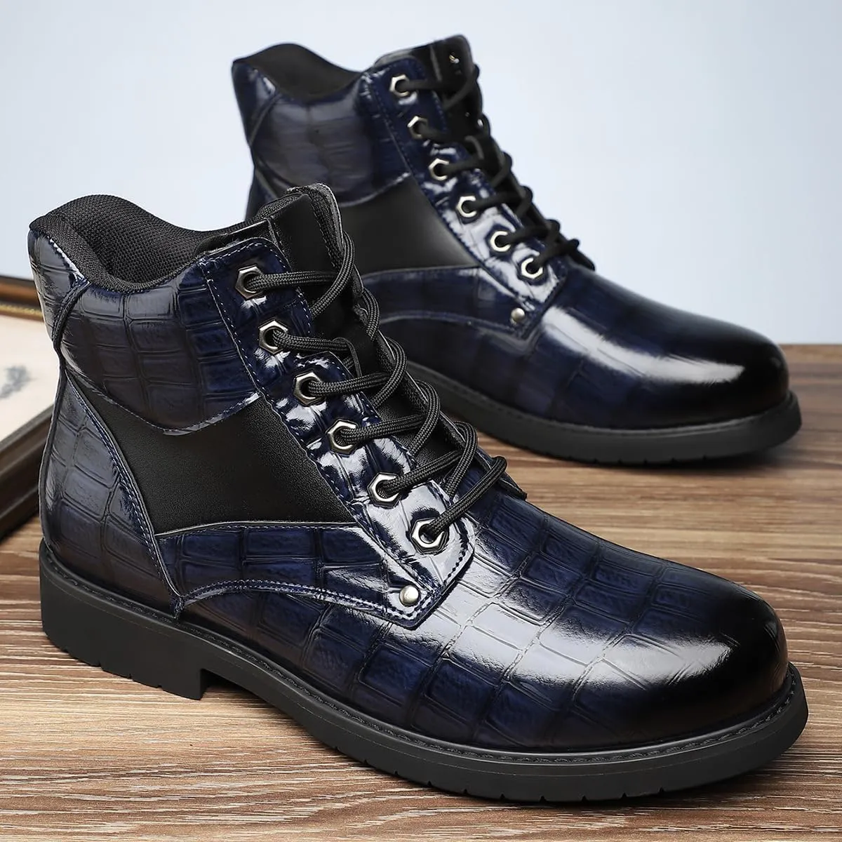 Retro crocodile pattern men's boots, men's cowhide printed pattern boots, men's mid top waterproof lace up boots