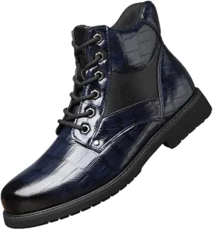 Retro crocodile pattern men's boots, men's cowhide printed pattern boots, men's mid top waterproof lace up boots