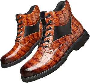 Retro crocodile pattern men's boots, men's cowhide printed pattern boots, men's mid top waterproof lace up boots