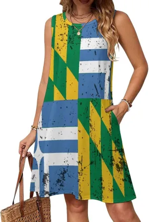 Retro Maryland Style Portland Flag Women's Summer Dress Sleeveless Casual Loose Beach Vacation Tank Sundress