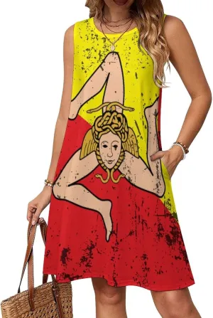 Retro Sicily Flag Women's Summer Dress Sleeveless Casual Loose Beach Vacation Tank Sundress