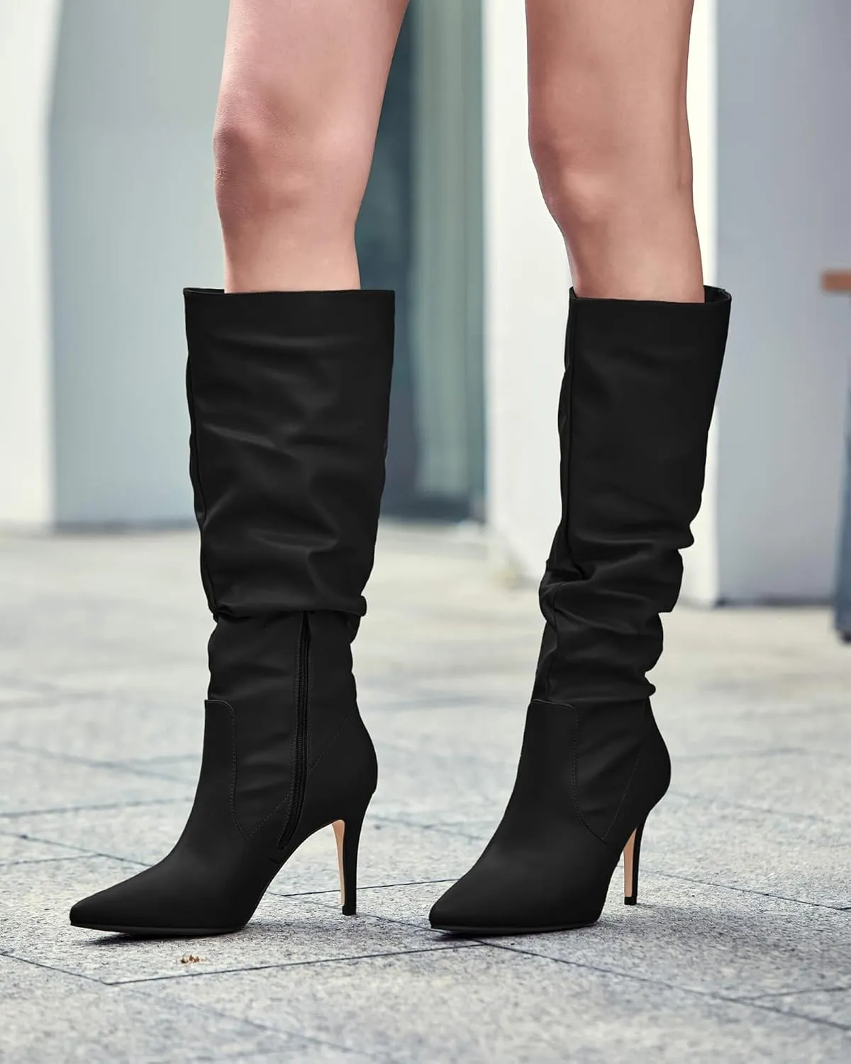 Rilista Womens Knee High Boots Pointed Toe High Heel Fall Fashion Mid Calf Stiletto Booties