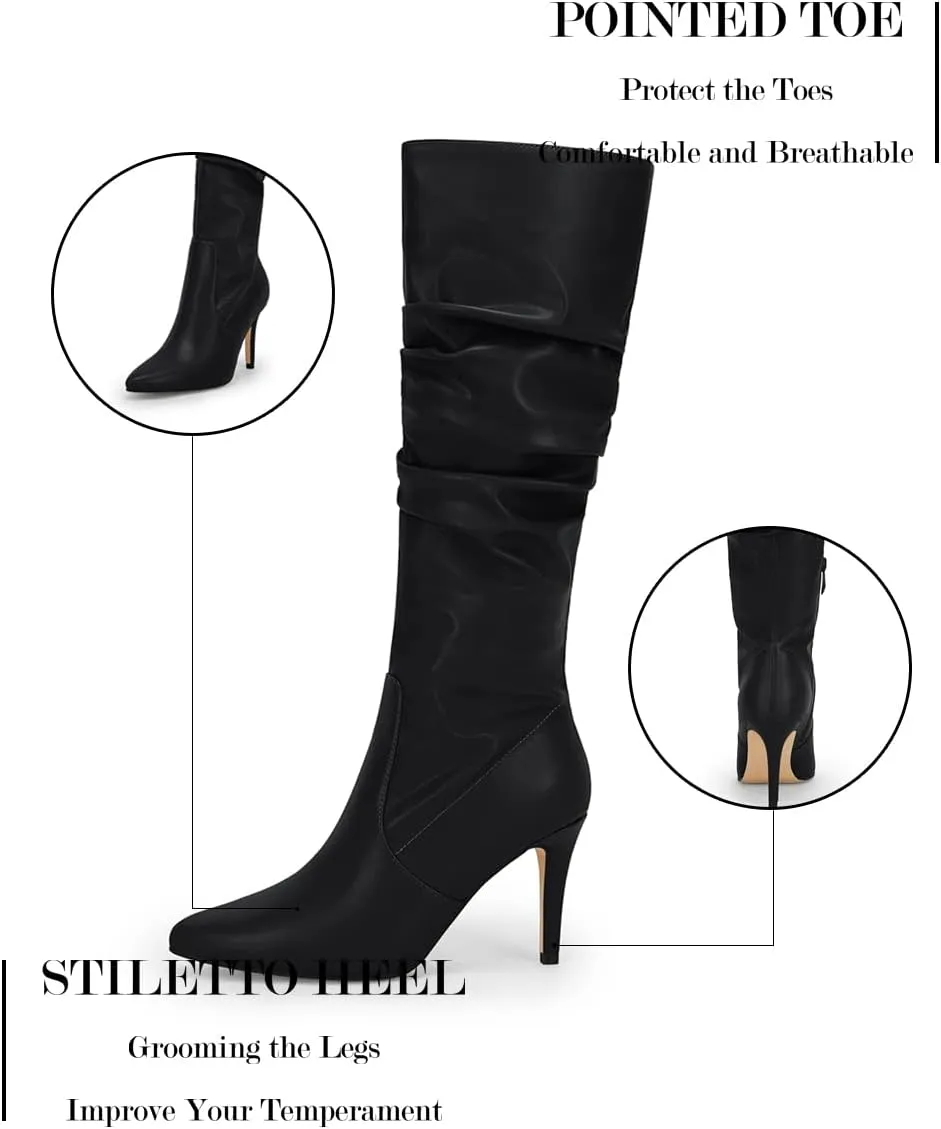 Rilista Womens Knee High Boots Pointed Toe High Heel Fall Fashion Mid Calf Stiletto Booties