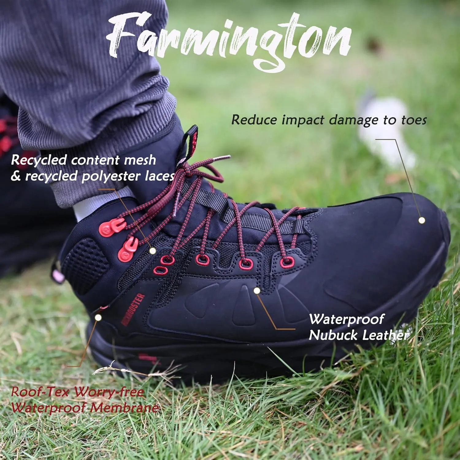 ROCKROOSTER Farmington 2 Waterproof Hiking Boots for Men, 6" Anti-Fatigue Outdoor Nubuck Leather Shoes
