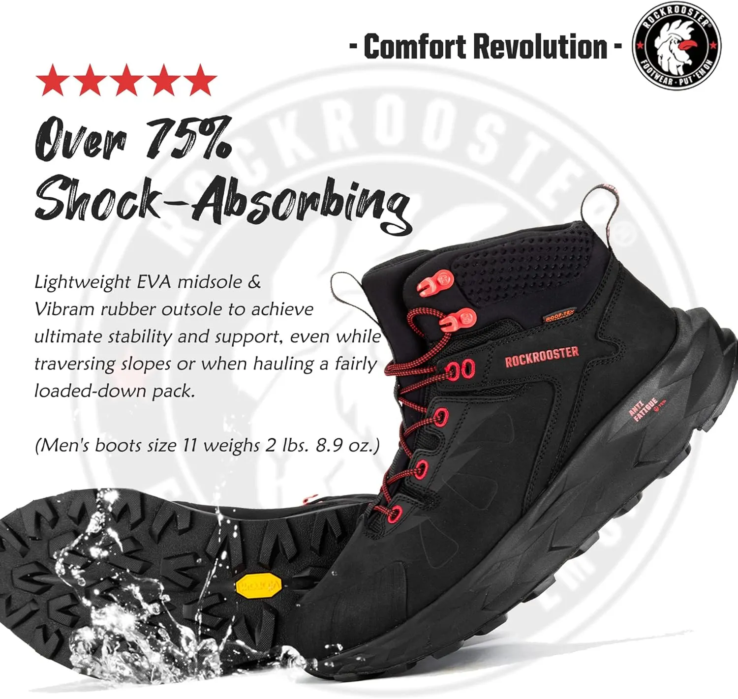 ROCKROOSTER Farmington 2 Waterproof Hiking Boots for Men, 6" Anti-Fatigue Outdoor Nubuck Leather Shoes