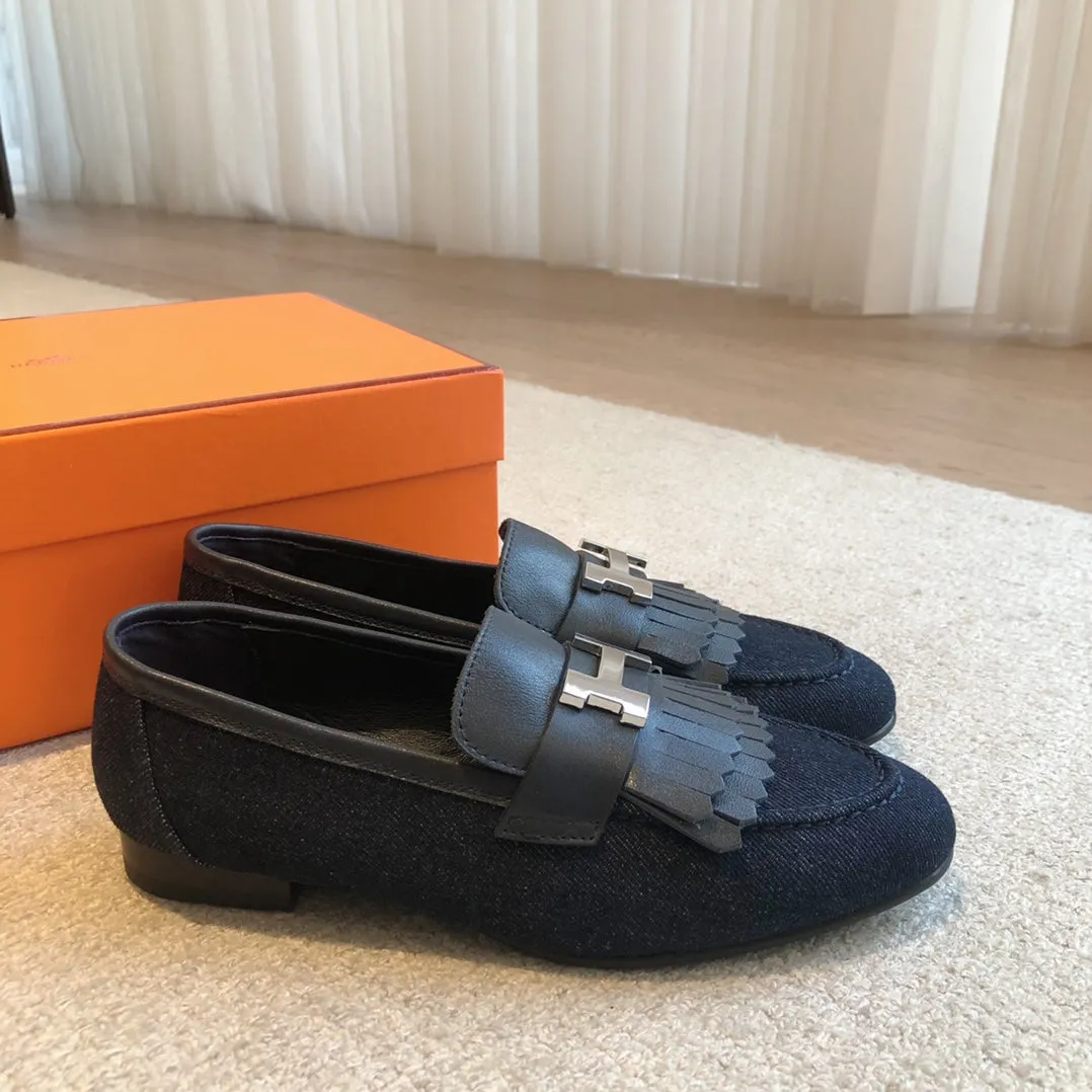 Royal Loafer Navy Blue Denim With Fringe Detail And Silver Signature Buckle 509435