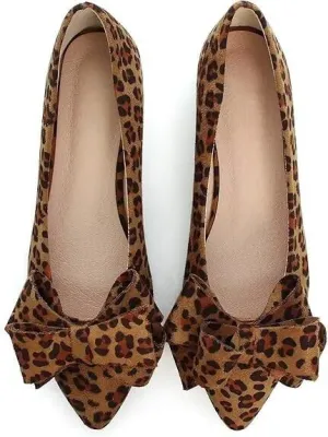 SAILING LU Bow-Knot Ballet Flats Womens Pointy Toe Flat Shoes Suede Dress Shoes Wear to Work Slip-On Moccasins Leopard Brown Size 8
