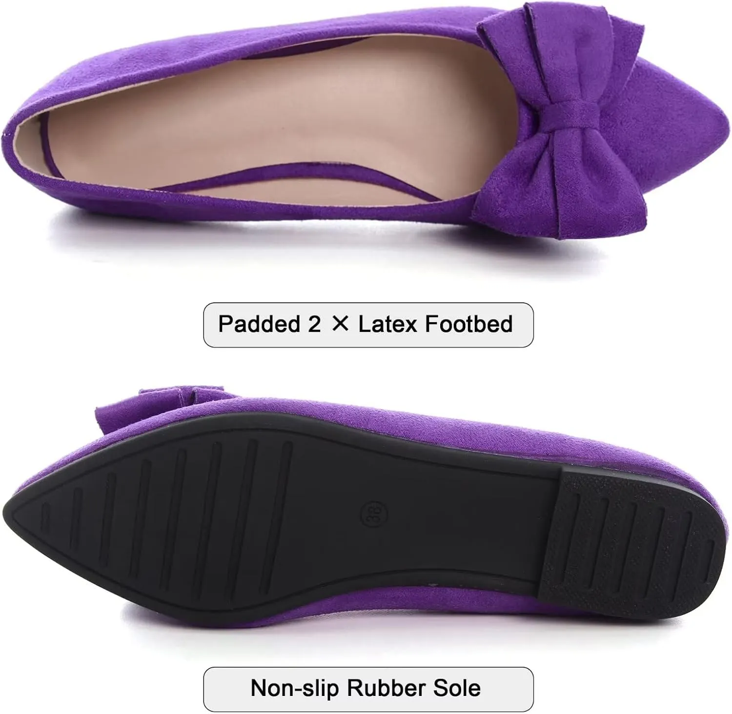 SAILING LU Bowknot Ballet Flats Womens Pointy Toe Casual Flat Shoes Suede Dress Shoes Wear to Work Slip On Moccasins