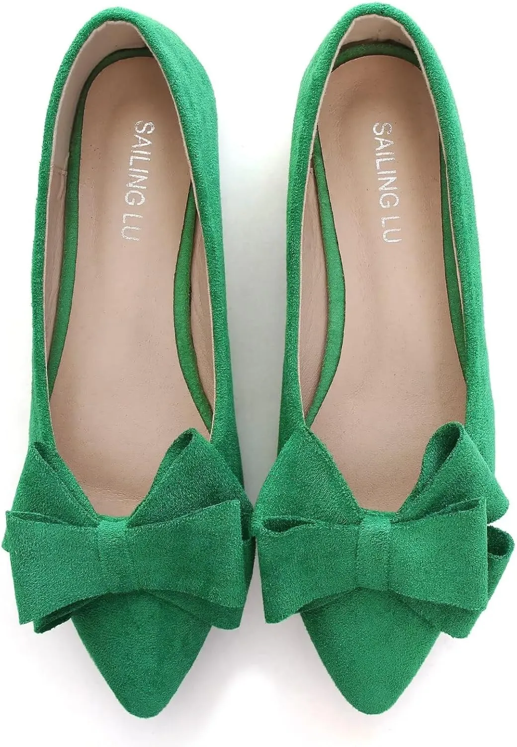 SAILING LU Bowknot Ballet Flats Womens Pointy Toe Casual Flat Shoes Suede Dress Shoes Wear to Work Slip On Moccasins