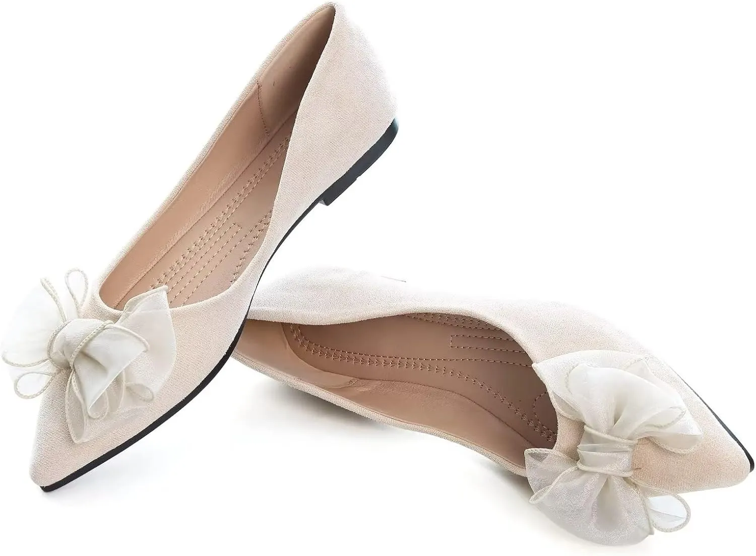 SAILING LU Bowknot Ballet Flats Womens Pointy Toe Casual Flat Shoes Suede Dress Shoes Wear to Work Slip On Moccasins