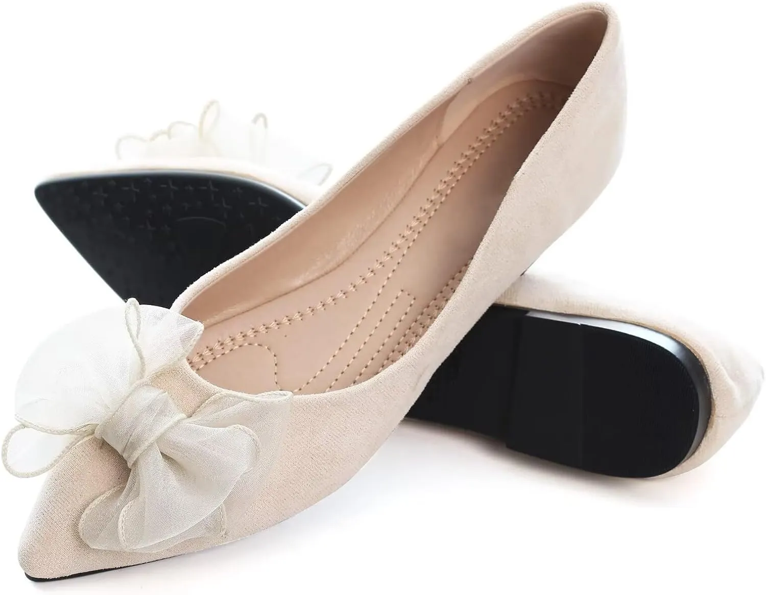 SAILING LU Bowknot Ballet Flats Womens Pointy Toe Casual Flat Shoes Suede Dress Shoes Wear to Work Slip On Moccasins