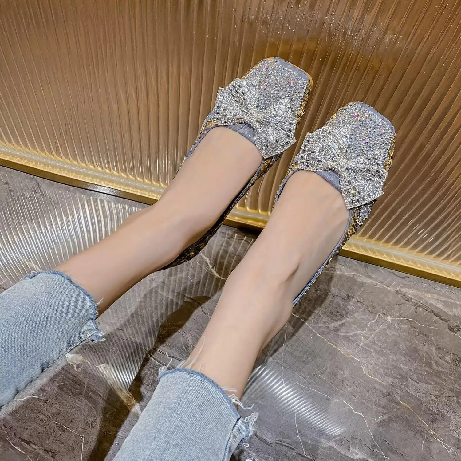 SAILING LU Square Toe Flats Shoes Rhinestoned Bowknots Ballet Flats for Women Studded Dress Shoes Comfort Light Weight Loafers