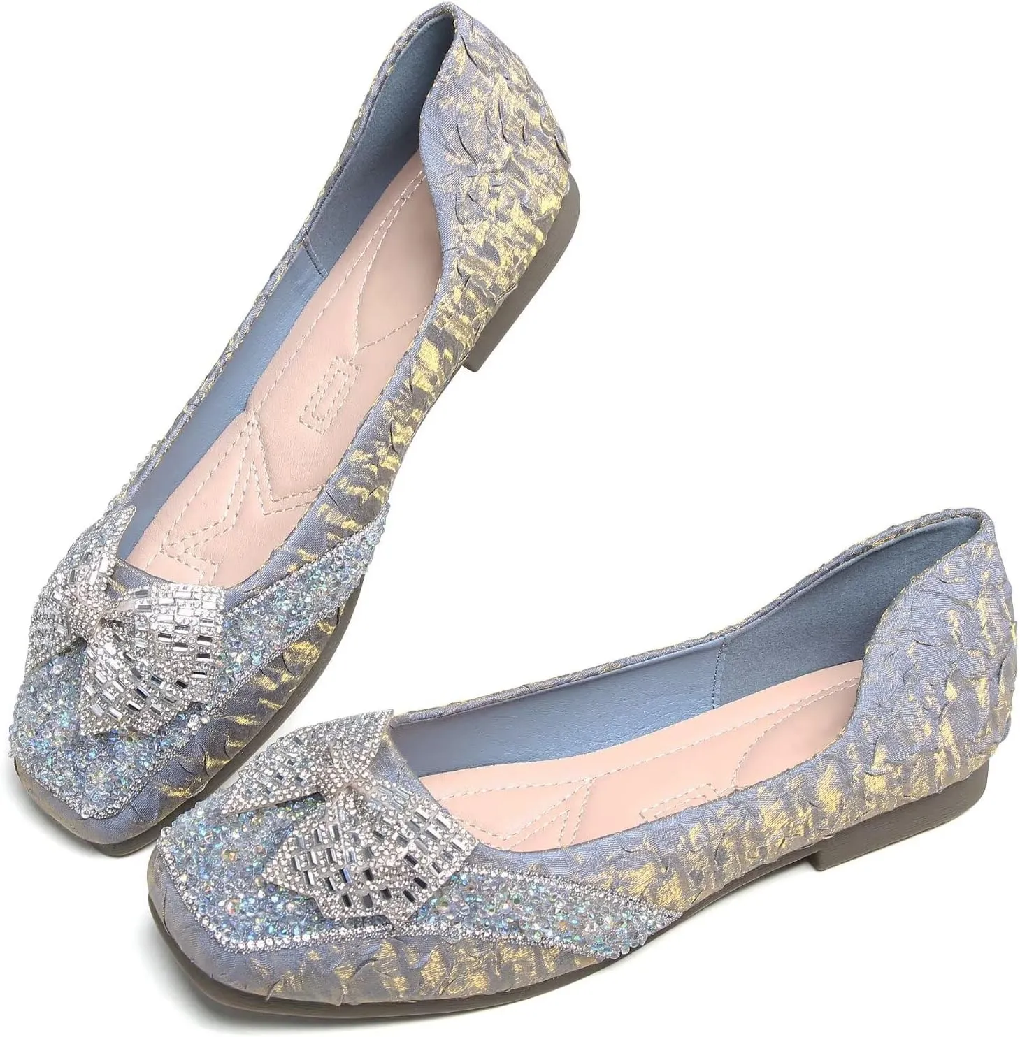 SAILING LU Square Toe Flats Shoes Rhinestoned Bowknots Ballet Flats for Women Studded Dress Shoes Comfort Light Weight Loafers