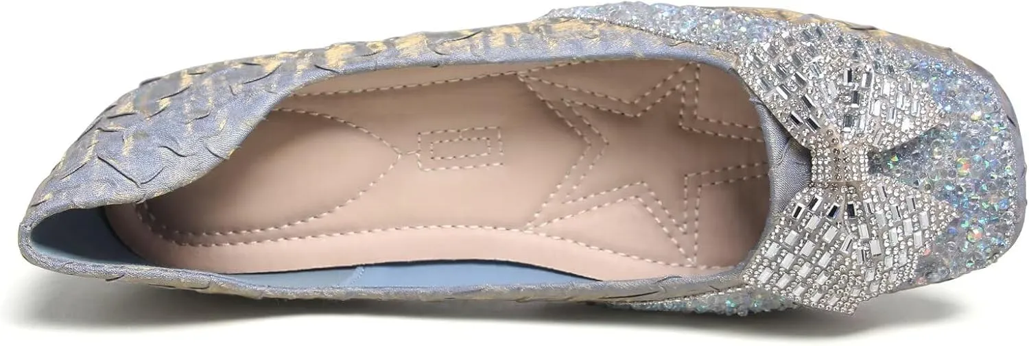 SAILING LU Square Toe Flats Shoes Rhinestoned Bowknots Ballet Flats for Women Studded Dress Shoes Comfort Light Weight Loafers