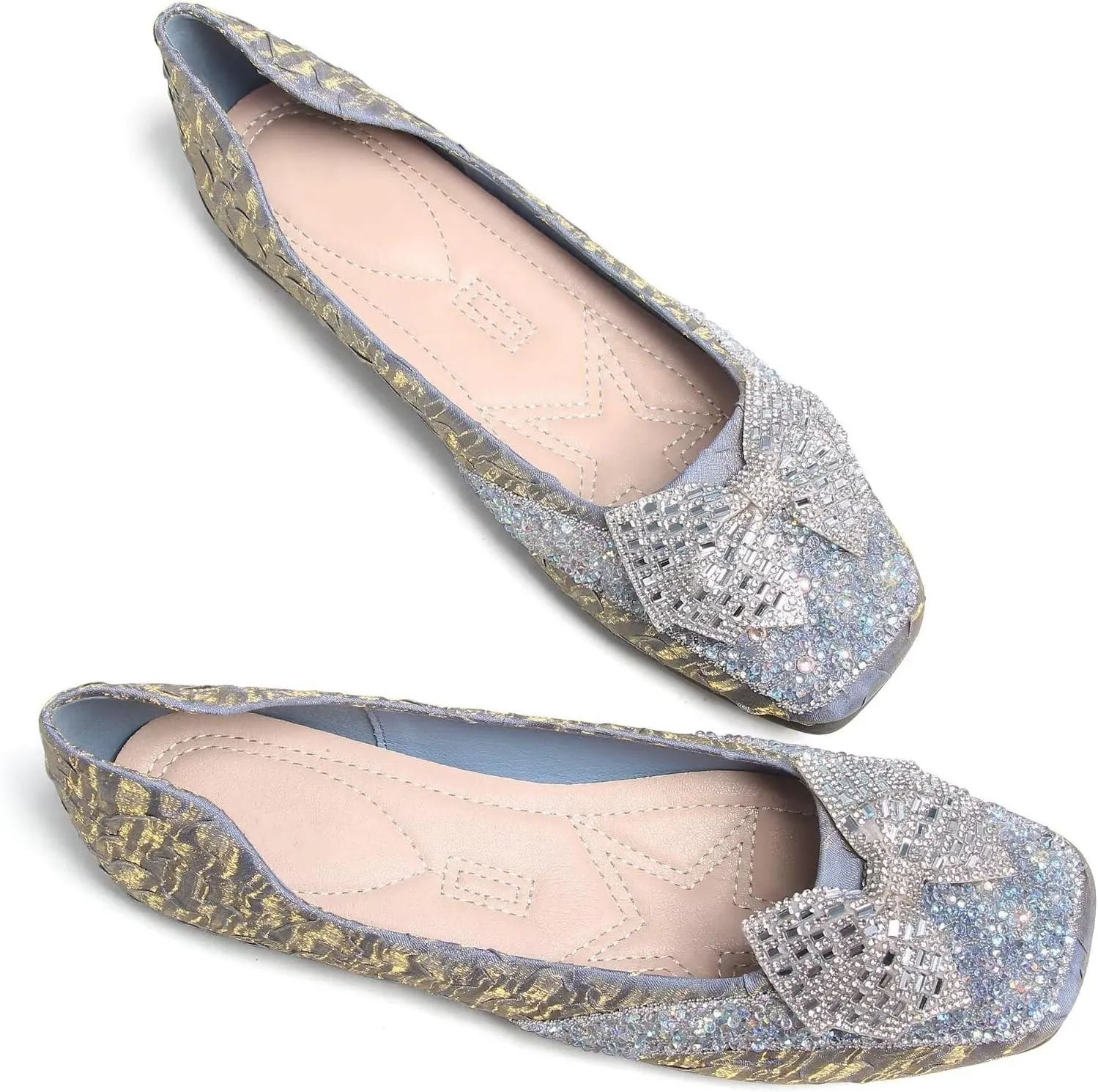 SAILING LU Square Toe Flats Shoes Rhinestoned Bowknots Ballet Flats for Women Studded Dress Shoes Comfort Light Weight Loafers