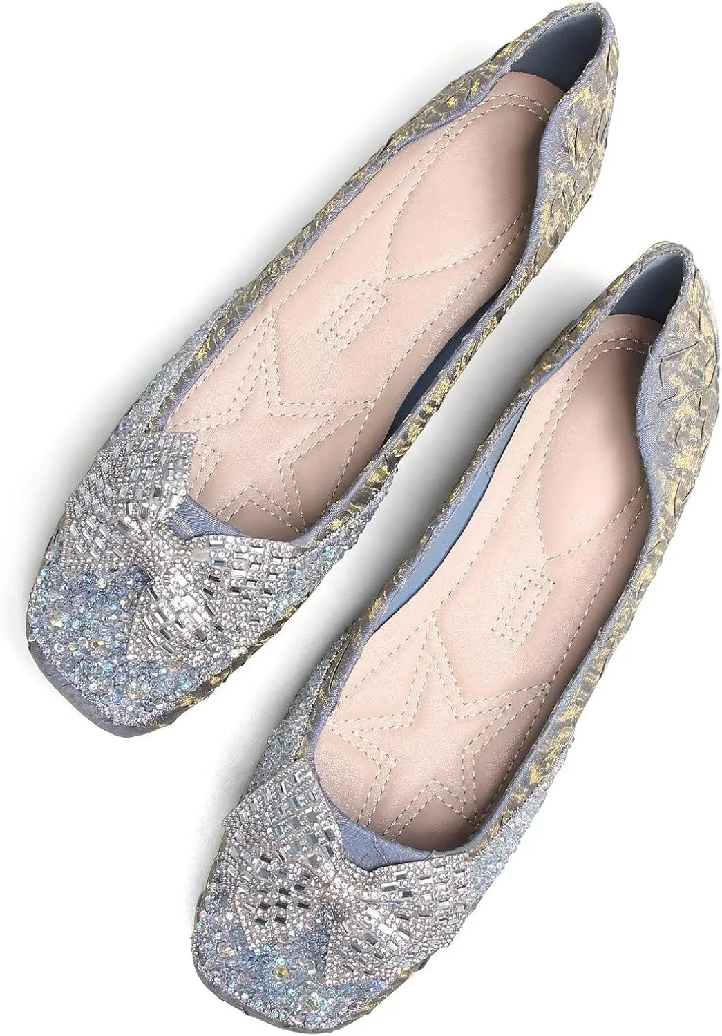 SAILING LU Square Toe Flats Shoes Rhinestoned Bowknots Ballet Flats for Women Studded Dress Shoes Comfort Light Weight Loafers