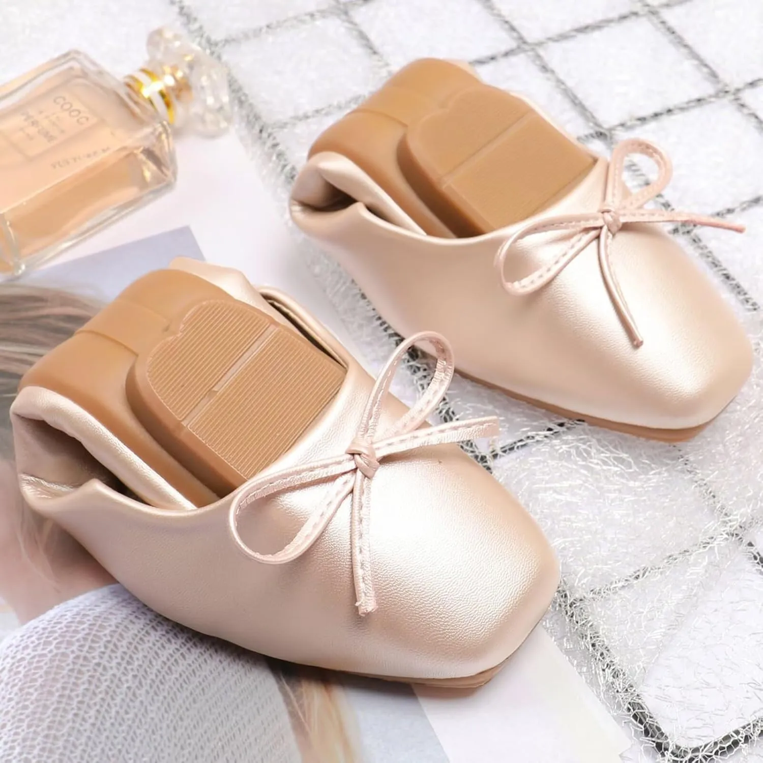 SAILING LU Women PU Leather Square Toe Ballets Flats Bowtie Slip on Comfortable Foldable Ballerian Flat Shoes