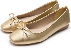 SAILING LU Women PU Leather Square Toe Ballets Flats Bowtie Slip on Comfortable Foldable Ballerian Flat Shoes