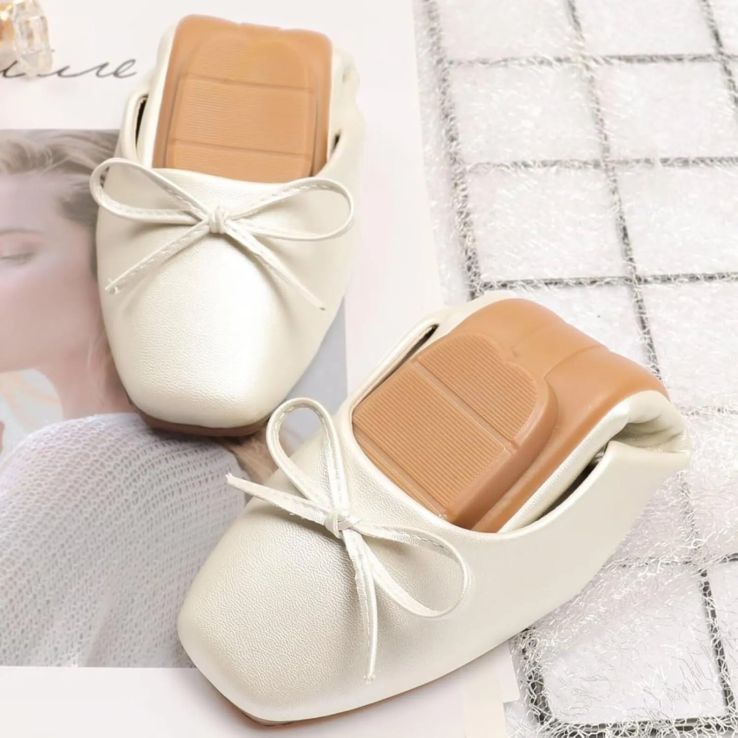 SAILING LU Women PU Leather Square Toe Ballets Flats Bowtie Slip on Comfortable Foldable Ballerian Flat Shoes