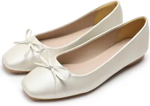 SAILING LU Women PU Leather Square Toe Ballets Flats Bowtie Slip on Comfortable Foldable Ballerian Flat Shoes