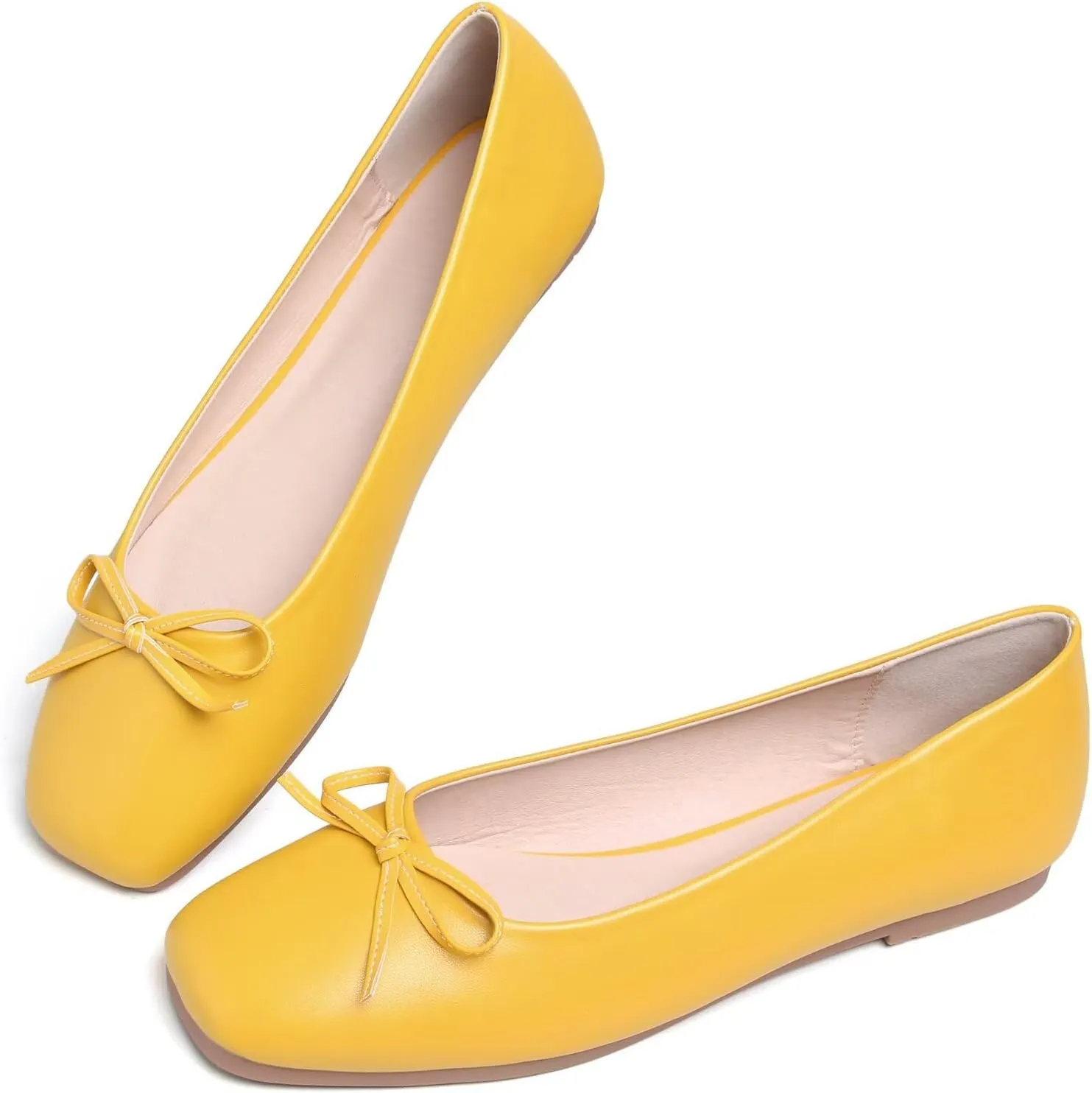 SAILING LU Women PU Leather Square Toe Ballets Flats Bowtie Slip on Comfortable Foldable Ballerian Flat Shoes