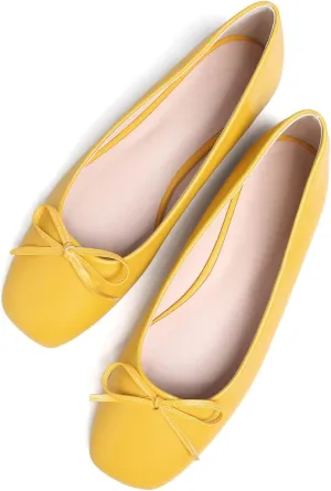 SAILING LU Women PU Leather Square Toe Ballets Flats Bowtie Slip on Comfortable Foldable Ballerian Flat Shoes