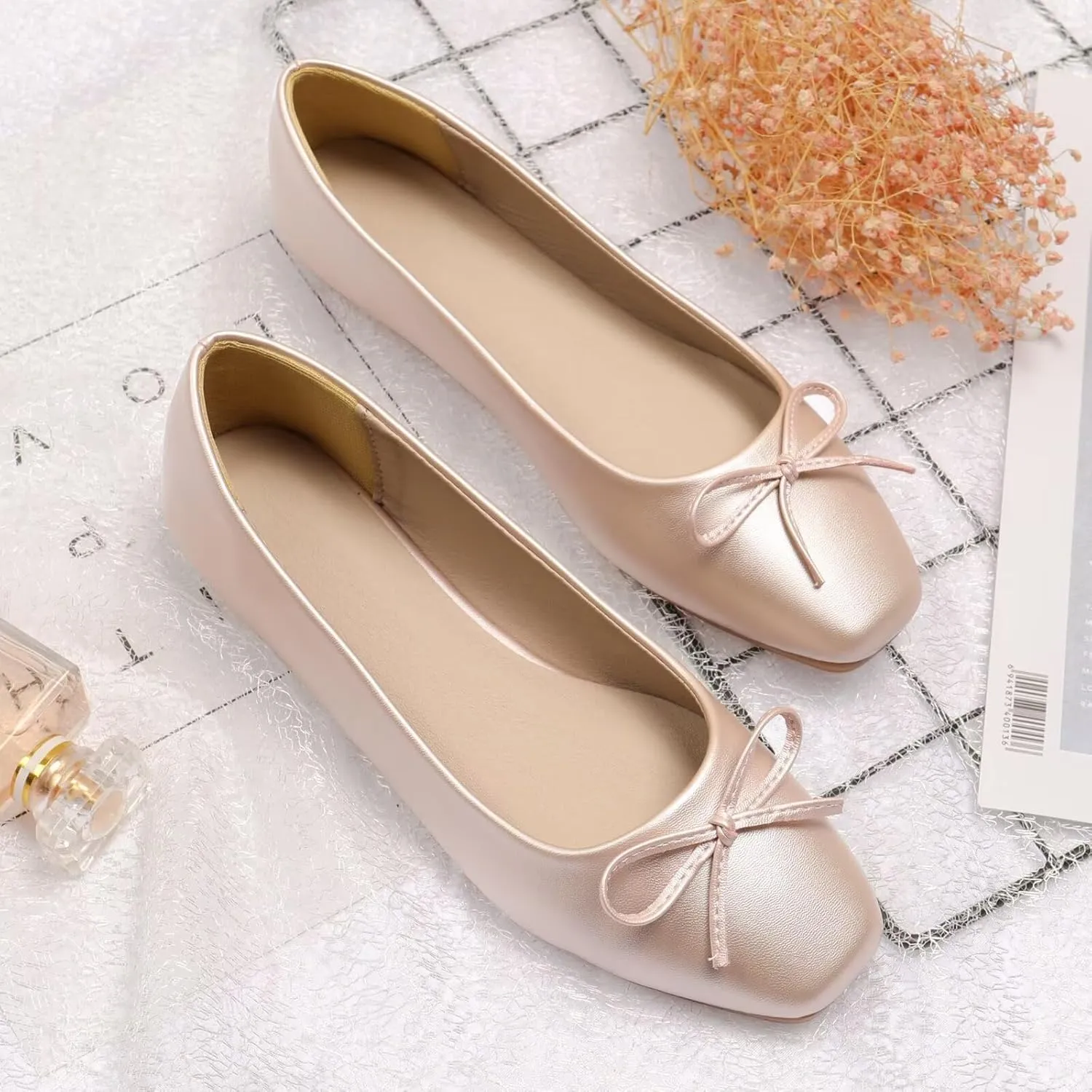 SAILING LU Women PU Leather Square Toe Ballets Flats Bowtie Slip on Comfortable Foldable Ballerian Flat Shoes
