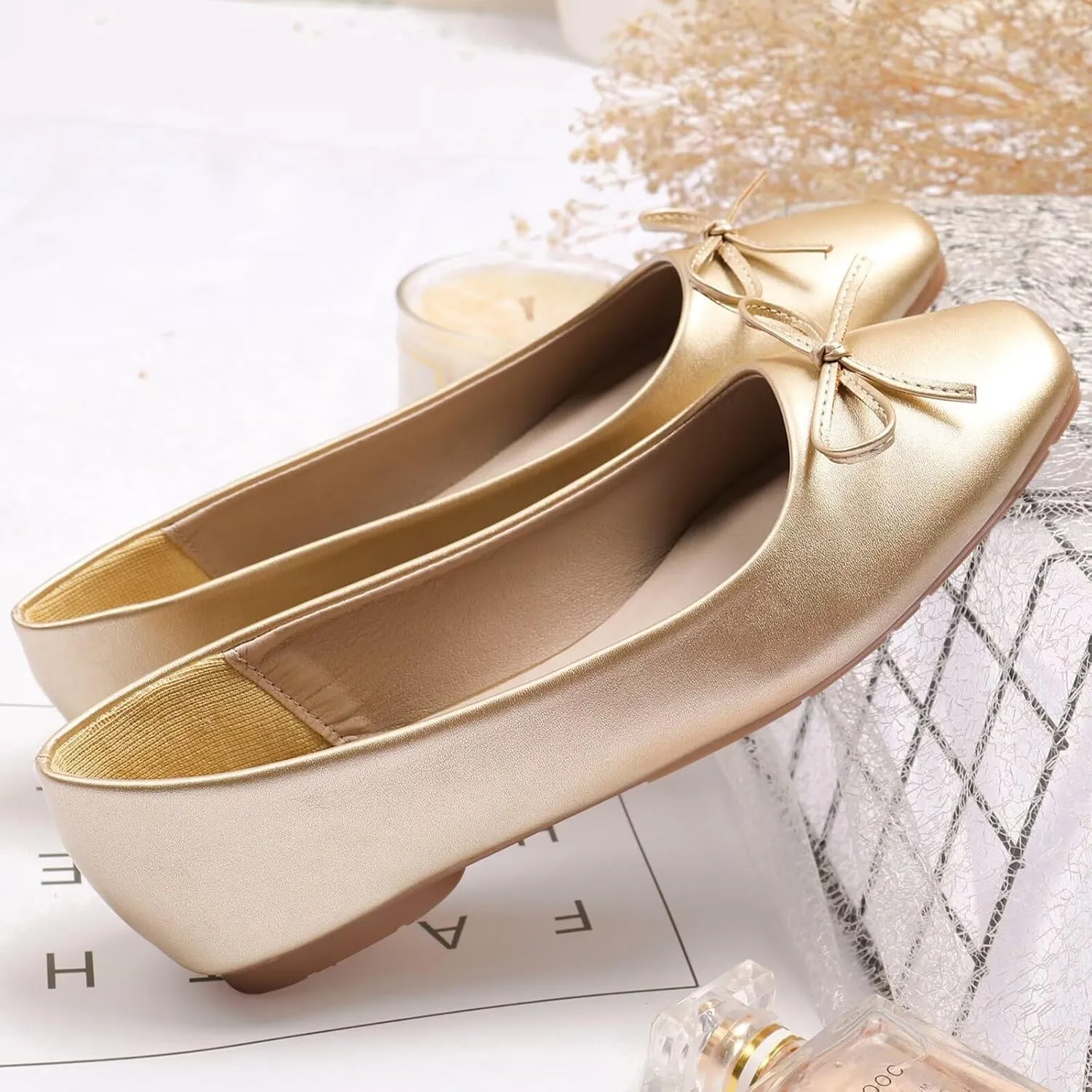 SAILING LU Women PU Leather Square Toe Ballets Flats Bowtie Slip on Comfortable Foldable Ballerian Flat Shoes