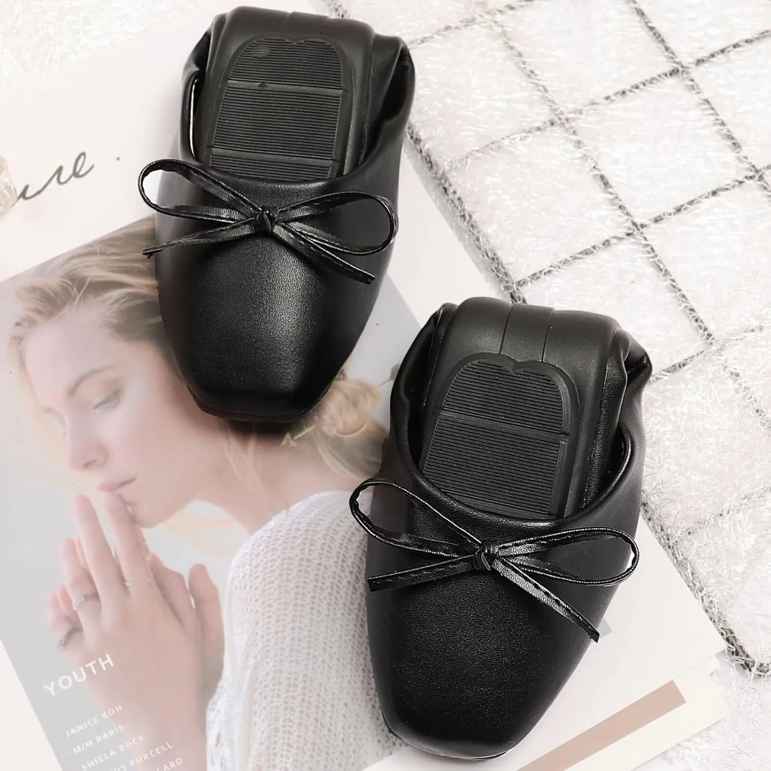 SAILING LU Women PU Leather Square Toe Ballets Flats Bowtie Slip on Comfortable Foldable Ballerian Flat Shoes