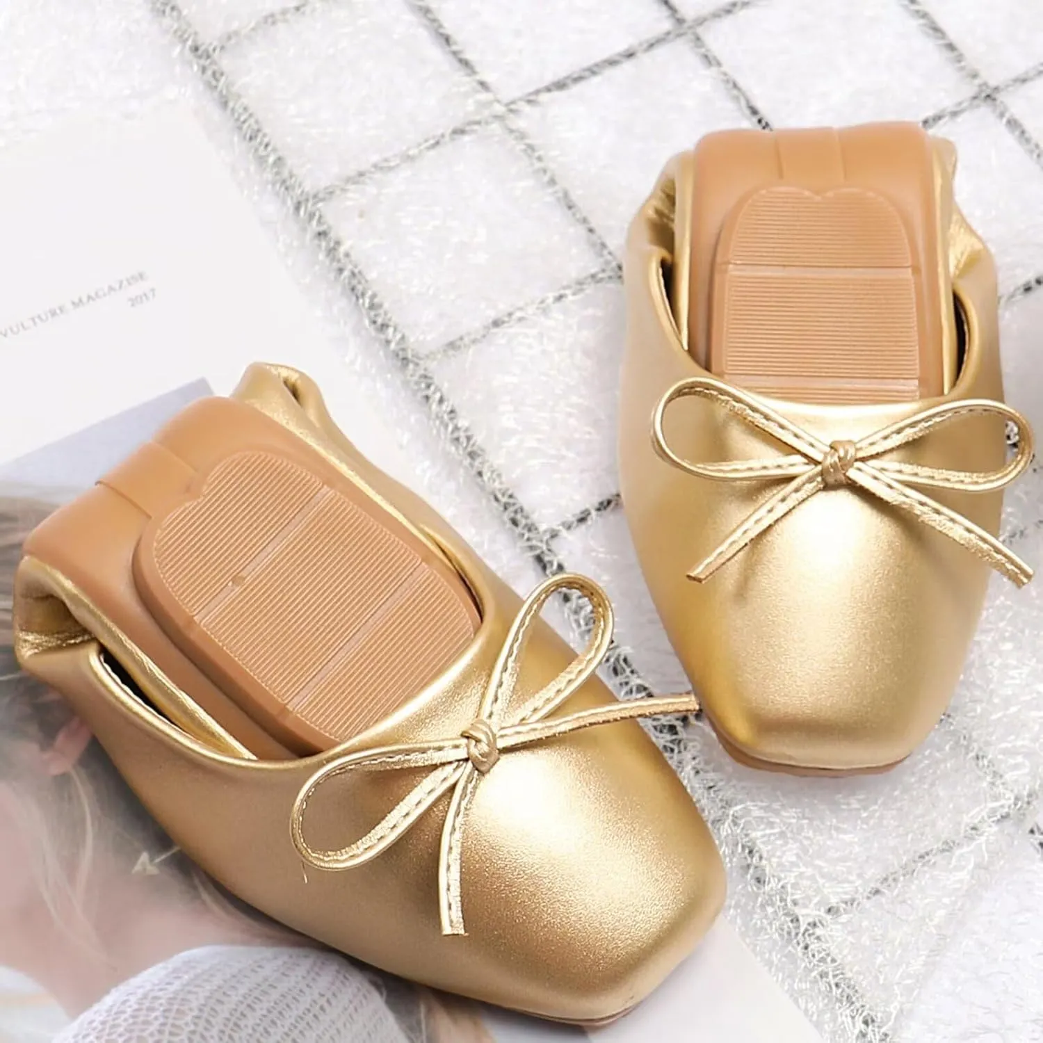 SAILING LU Women PU Leather Square Toe Ballets Flats Bowtie Slip on Comfortable Foldable Ballerian Flat Shoes